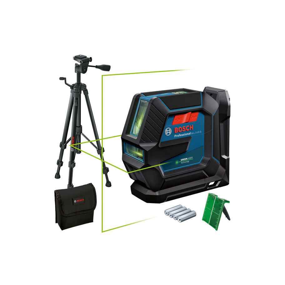 BOSCH GLL 2-15 G Križni laserski nivelir 15m zeleni zrak sa držačem LB 10 i stativom BT 150