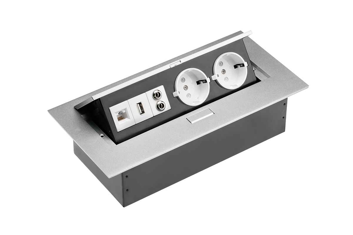 AE-PB02GS-53 Konzola sa 2 utičnice / Audio in-out / USB / RJ45 / Aluminijum